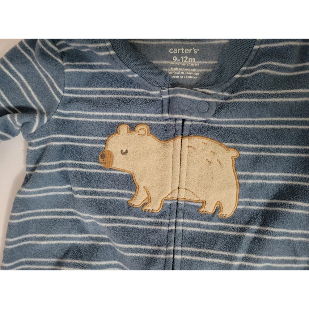 Carter's 9-12M Blue Striped Bear Fleece Sleep Sack Long Sleeve Wearable Blanket